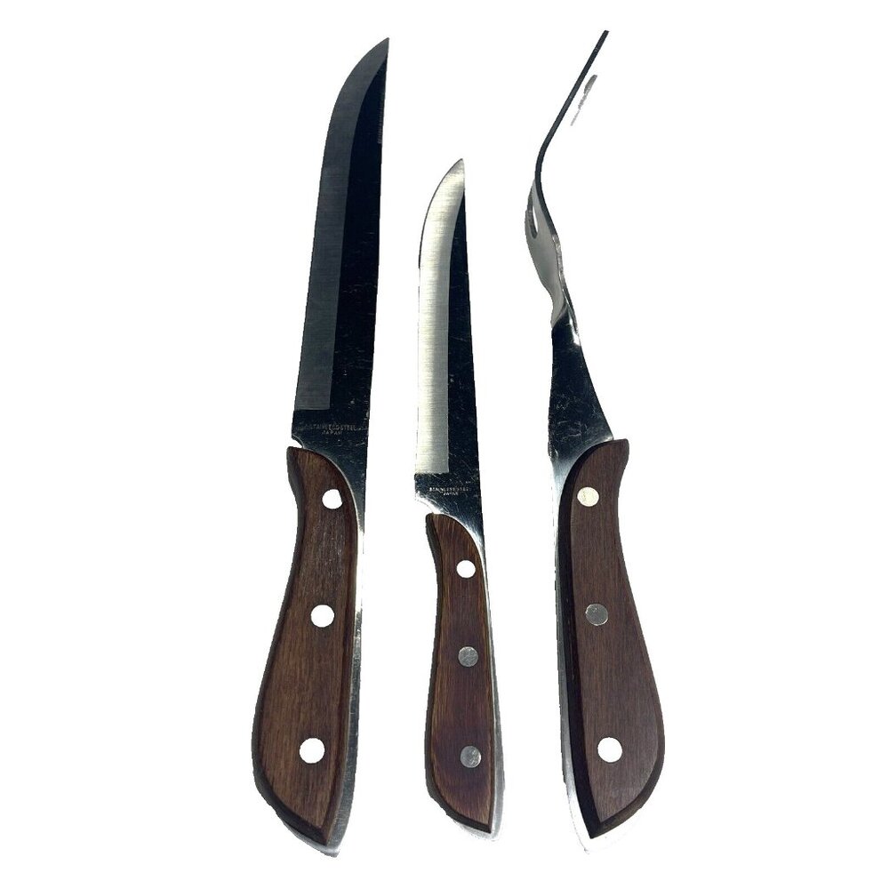 3 Vintage Stainless Steel Carving Meat Fork, 2 Knifes Brown Wooden Handles Japan